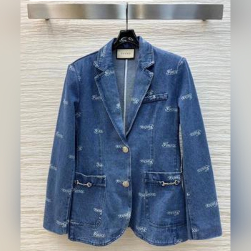 GUCCI Script-Print Denim Blazer With Metallic Horse-Bit Pocket Detail